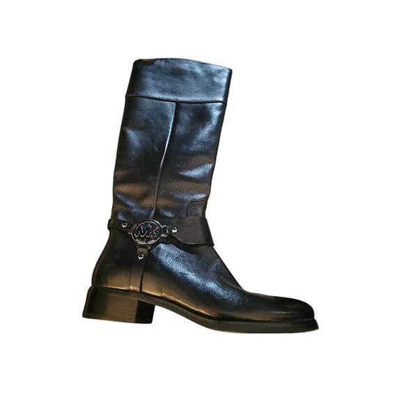 Michael Kors Black Leather Fulton Knee High Tall Riding Boots silver logo sz 6.5 - Picture 2 of 6